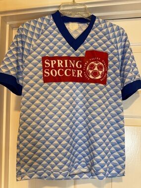 Vintage 80s Spring Soccer polyester Tee in Light Blue & Royal Blue, Adult S